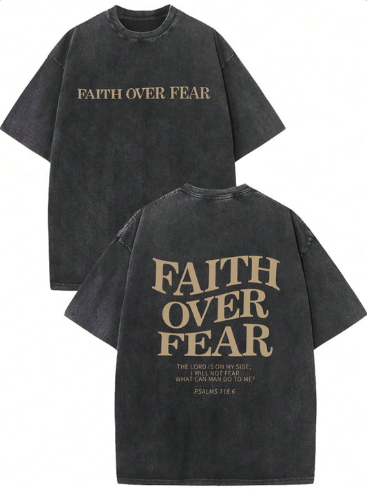 Faith Over Fear-Crew Neck Short Sleeve Letter Print Casual T-Shirt(Black)