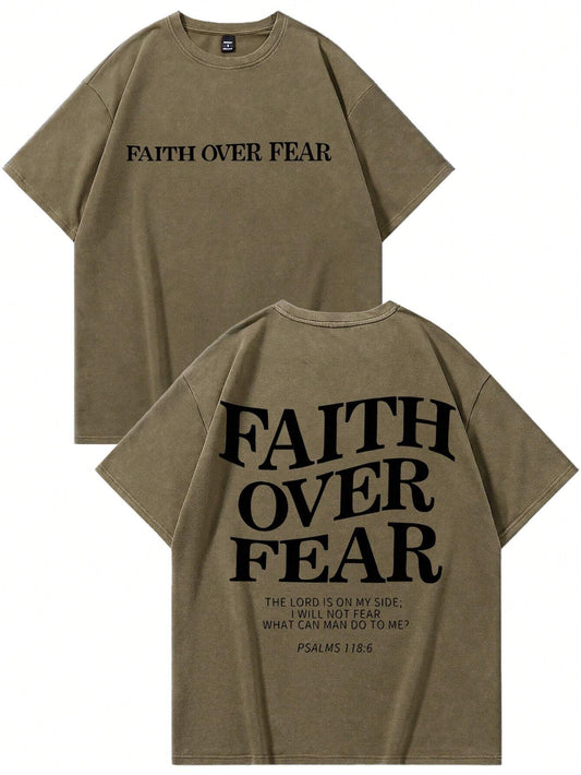 Faith Over Fear-Crew Neck Short Sleeve Letter Print Casual T-Shirt(Brown)