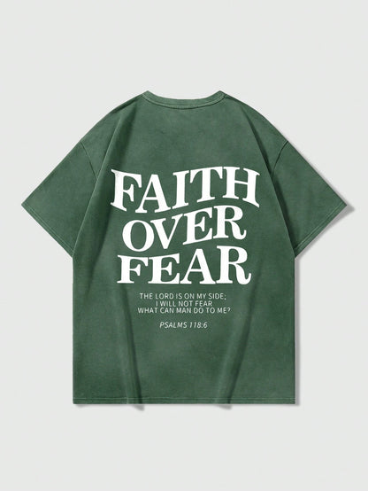 Faith Over Fear-Crew Neck Short Sleeve Letter Print Casual T-Shirt(Green)