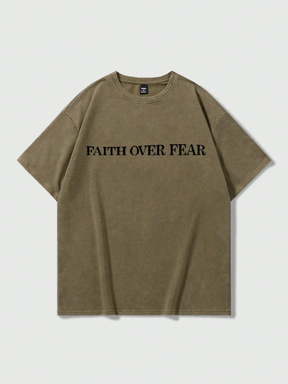 Faith Over Fear-Crew Neck Short Sleeve Letter Print Casual T-Shirt(Brown)