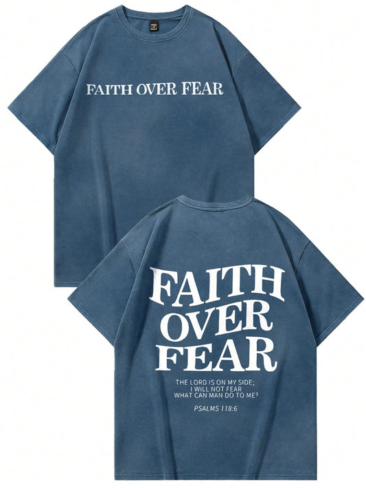 Faith Over Fear-Crew Neck Short Sleeve Letter Print Casual T-Shirt(Blue)
