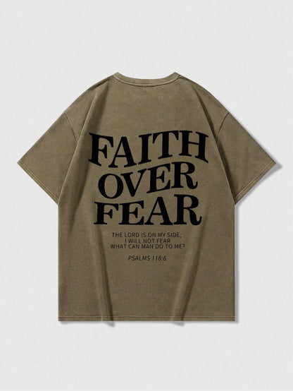 Faith Over Fear-Crew Neck Short Sleeve Letter Print Casual T-Shirt(Brown)