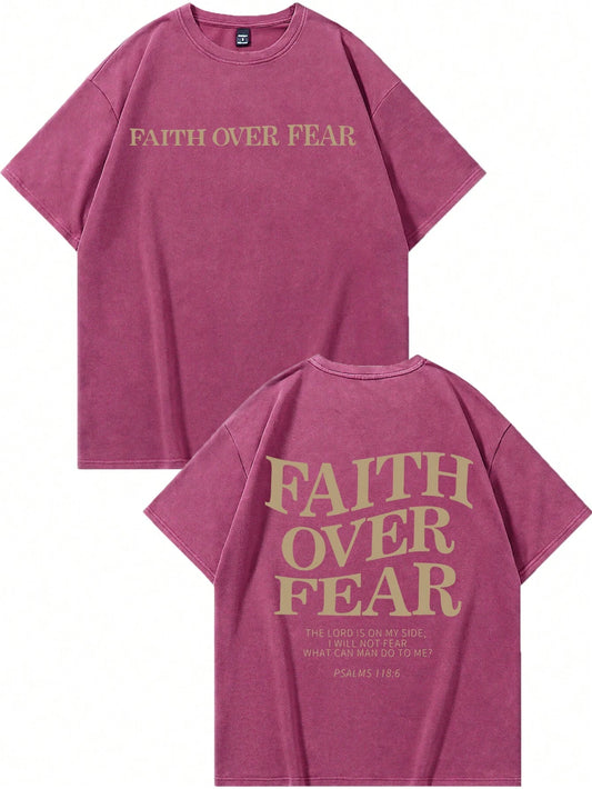 Faith Over Fear-Crew Neck Short Sleeve Letter Print Casual T-Shirt(Pink)