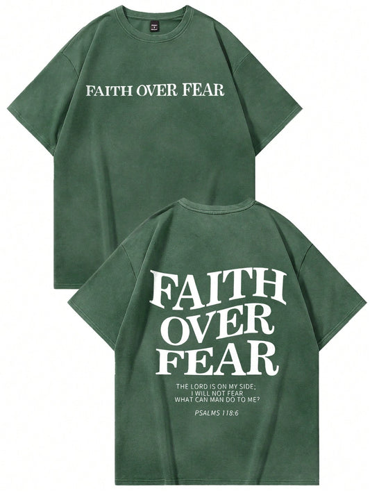 Faith Over Fear-Crew Neck Short Sleeve Letter Print Casual T-Shirt(Green)