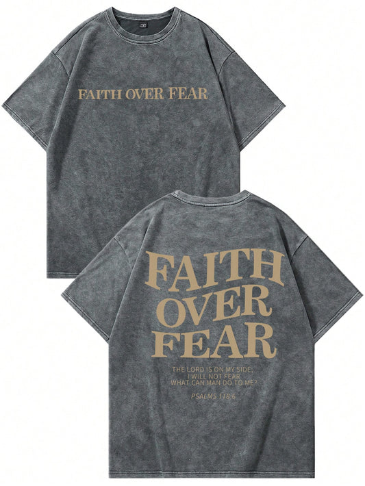 Faith Over Fear-Crew Neck Short Sleeve Letter Print Casual T-Shirt(Grey)